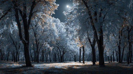 A panoramic wide view of Maple forest growing closely together under moonlight silver glow on leaves serene calm atmosphere ultra realistic photography cinematic wide composition lifelike natural sceneの写真素材