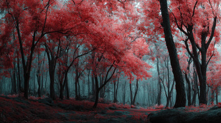 A panoramic wide view of Red maple forest growing closely together under moonlight silver glow on leaves serene calm atmosphere ultra realistic photography cinematic wide composition lifelike natural sceneの写真素材