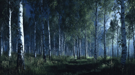 A panoramic wide view of Silver birch forest growing closely together under moonlight silver glow on leaves serene calm atmosphere ultra realistic photography cinematic wide composition lifelike natural sceneの写真素材