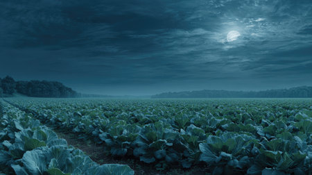 A panoramic wide view of Rutabaga field growing closely together under moonlight silver glow on leaves serene calm atmosphere ultra realistic photography cinematic wide composition lifelike natural sceneの写真素材