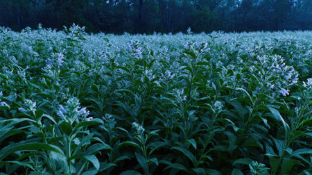 A panoramic wide view of Skullcap field growing closely together under moonlight silver glow on leaves serene calm atmosphere ultra realistic photography cinematic wide composition lifelike natural sceneの写真素材
