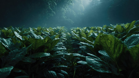 A panoramic wide view of a field growing closely together under moonlight silver glow on leaves serene calm atmosphere ultra realistic photography cinematic wide composition lifelike natural sceneの写真素材