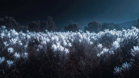 A panoramic wide view of Grevillea field growing closely together under moonlight silver glow on leaves serene calm atmosphere ultra realistic photography cinematic wide composition lifelike natural sceneの写真素材