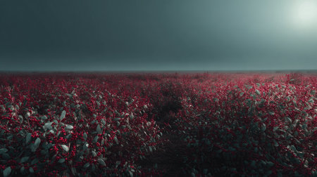 A panoramic wide view of Cranberry field growing closely together under moonlight silver glow on leaves serene calm atmosphere ultra realistic photography cinematic wide composition lifelike natural sceneの写真素材