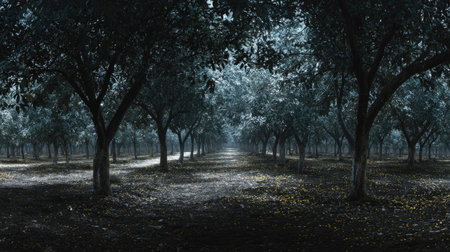 A panoramic wide view of a field growing closely together under moonlight silver glow on leaves...