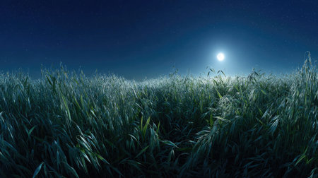 A panoramic wide view of Oats field growing closely together under moonlight silver glow on leaves...