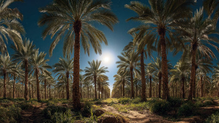 A panoramic wide view of Date palm field growing closely together under moonlight silver glow on...