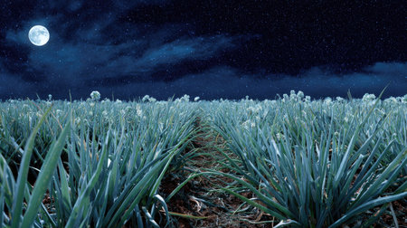 A panoramic wide view of Onion field growing closely together under moonlight silver glow on leaves serene calm atmosphere ultra realistic photography cinematic wide composition lifelike natural sceneの写真素材