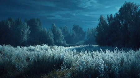 A panoramic wide view of Woad field growing closely together under moonlight silver glow on leaves serene calm atmosphere ultra realistic photography cinematic wide composition lifelike natural sceneの写真素材