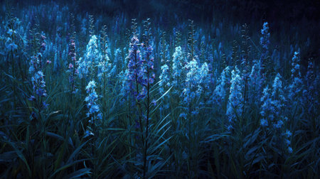 A panoramic wide view of Larkspur field growing closely together under moonlight silver glow on leaves serene calm atmosphere ultra realistic photography cinematic wide composition lifelike natural sceneの写真素材