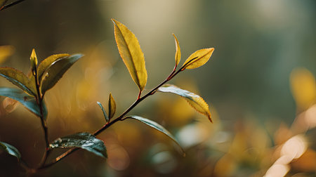 The Green tea in fall, warm amber light, crisp air, shallow depth of field, soft natural bokeh, true-to-life color, minimal stylingの写真素材