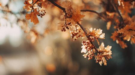 The Hawthorn in fall, warm amber light, crisp air, shallow depth of field, soft natural bokeh, true-to-life color, minimal stylingの写真素材