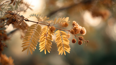 The Mimosa in fall, warm amber light, crisp air, shallow depth of field, soft natural bokeh, true-to-life color, minimal stylingの写真素材
