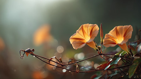 The Morning glory in fall, warm amber light, crisp air, shallow depth of field, soft natural bokeh, true-to-life color, minimal stylingの写真素材