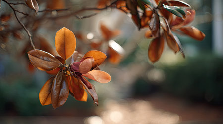 The Southern magnolia in fall, warm amber light, crisp air, shallow depth of field, soft natural bokeh, true-to-life color, minimal stylingの写真素材