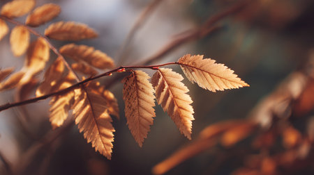The Slippery elm in fall, warm amber light, crisp air, shallow depth of field, soft natural bokeh, true-to-life color, minimal stylingの写真素材