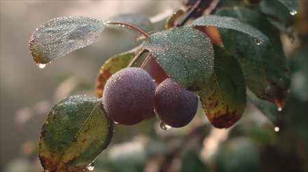 The Wild plum in light fog, dew on leaves, light soft diffused, three-quarter viewの写真素材