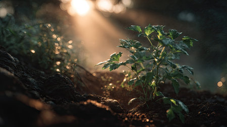 A cinematic wide shot of a young Lovage growing, slightly larger than before, its trunk and branches beginning to take shape, surrounded by rich, dark soil and faint morning mist, golden sunlight breaking through the clouds, soft beams illuminating the growing tree, ultra-realistic photography with true Earth like realism natural hues, no artificial colors, deep 3D parallax depth creating an immersive, awe inspiring atmosphere, subtle natural lens flares, minimal 35mm film grain, tranquil and hopeful tone, 8K, highly detailed, cinematic masterpiece.の写真素材