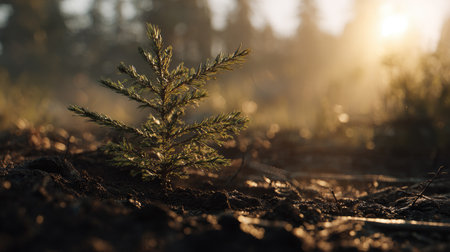 A cinematic wide shot of a young Sitka spruce growing, slightly larger than before, its trunk and branches beginning to take shape, surrounded by rich, dark soil and faint morning mist, golden sunlight breaking through the clouds, soft beams illuminating the growing tree, ultra-realistic photography with true Earth like realism natural hues, no artificial colors, cinematic composition, deep 3D parallax depth creating an immersive, awe inspiring atmosphere, subtle natural lens flares, minimal 35mm film grain, tranquil and hopeful tone, 8K, highly detailed.の写真素材