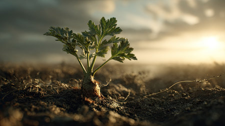 A cinematic wide shot of a young Parsnip growing, slightly larger than before, surrounded by rich, dark soil and faint morning mist, golden sunlight breaking through the clouds, soft beams illuminating the growing plant, ultra-realistic photography with true Earth like realism natural hues, no artificial colors, cinematic composition, deep 3D parallax depth creating an immersive, awe inspiring atmosphere, subtle natural lens flares, minimal 35mm film grain, tranquil and hopeful tone, 8K, highly detailed.の写真素材