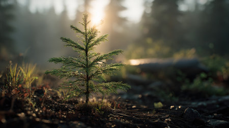 A cinematic wide shot of a young Western hemlock growing, slightly larger than before, its trunk and branches beginning to take shape, surrounded by rich, dark soil and faint morning mist, golden sunlight breaking through the clouds, soft beams illuminating the growing tree, ultra-realistic photography with true Earth like realism natural hues, no artificial colors, deep 3D parallax depth creating an immersive, awe inspiring atmosphere, subtle natural lens flares, minimal 35mm film grain, tranquil and hopeful tone, 8K, highly detailed.の写真素材