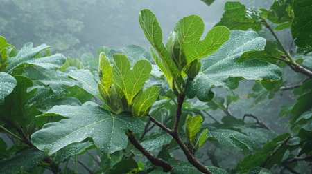 The Fig tree in light fog, dew on leaves, light soft diffused, three-quarter viewの写真素材