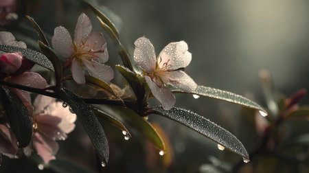 The Wallflower in light fog, dew on leaves, light soft diffused, three-quarter viewの写真素材