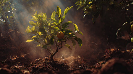 A cinematic wide shot of a young Seville orange growing, slightly larger than before, its trunk and branches beginning to take shape, surrounded by rich, dark soil and faint morning mist, golden sunlight breaking through the clouds, soft beams illuminating the growing tree, ultra-realistic photography with true Earth like realism natural hues, no artificial colors, cinematic composition, deep 3D parallax depth creating an immersive, awe inspiring atmosphere, subtle natural lens flares, minimal 35mm film grain, tranquil and hopeful tone, 8K, highly detailed.の写真素材
