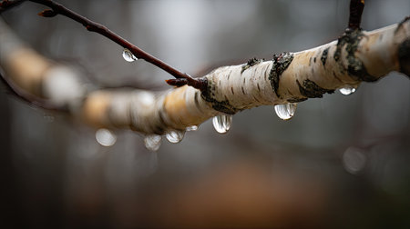 Soft rain falling gently on Paper birch, with water droplets forming and slowly dripping. The background is softly blurred with a natural, moody atmosphere.の写真素材