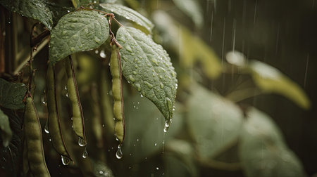 Soft rain falling gently on Runner bean, with water droplets forming and slowly dripping. The...