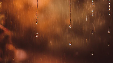 Soft rain falling gently, with water droplets forming and slowly dripping. The background is softly...