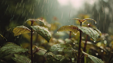 Soft rain falling gently on Perilla, with water droplets forming and slowly dripping. The background...