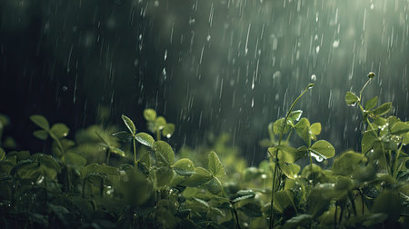 Soft rain falling gently on Snow pea shoots, with water droplets forming and slowly dripping. The...