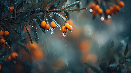 Soft rain falling gently on Sea buckthorn, with water droplets forming and slowly dripping. The...