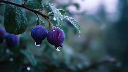Soft rain falling gently on Saskatoon berry, with water droplets forming and slowly dripping. The...