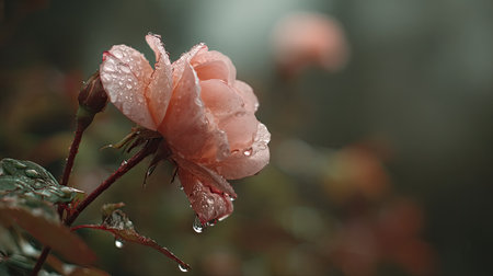 Soft rain falling gently on Rose, with water droplets forming and slowly dripping. The background is softly blurred with a natural, moody atmosphere.の写真素材