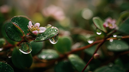 Soft rain falling gently on Sea purslane, with water droplets forming and slowly dripping. The...