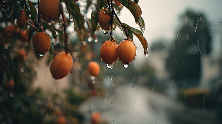 Soft rain falling gently on Persimmon tree, with water droplets forming and slowly dripping. The background is softly blurred with a natural, moody atmosphere.の写真素材