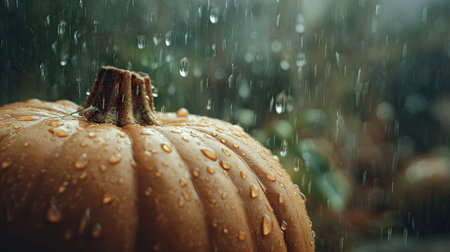 Soft rain falling gently on Pumpkin, with water droplets forming and slowly dripping. The background...