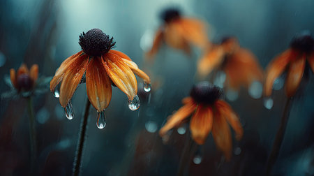 Soft rain falling gently on Rudbeckia, with water droplets forming and slowly dripping. The background is softly blurred with a natural, moody atmosphere.の写真素材