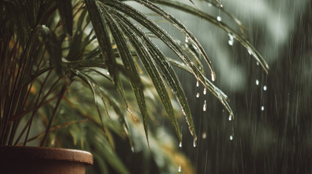 Soft rain falling gently on Rattan palm, with water droplets forming and slowly dripping. The background is softly blurred with a natural, moody atmosphere.の写真素材