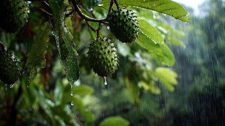 Soft rain falling gently on Soursop, with water droplets forming and slowly dripping. The background...