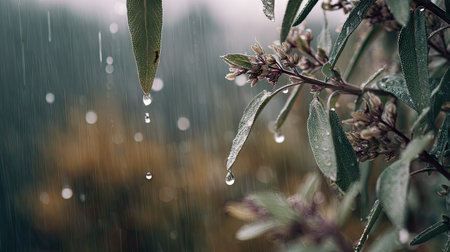 Soft rain falling gently on Sage, with water droplets forming and slowly dripping. The background is...