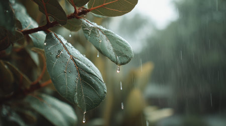Soft rain falling gently on Sacred fig, with water droplets forming and slowly dripping. The...