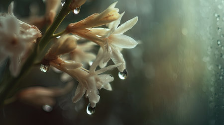 Soft rain falling gently on Tuberose, with water droplets forming and slowly dripping. The background is softly blurred with a natural, moody atmosphere.の写真素材