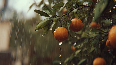 Soft rain falling gently on Tangelo, with water droplets forming and slowly dripping. The background...