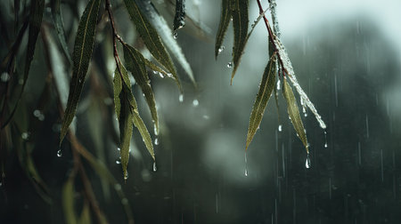 Soft rain falling gently on Willow bark, with water droplets forming and slowly dripping. The background is softly blurred with a natural, moody atmosphere.の写真素材