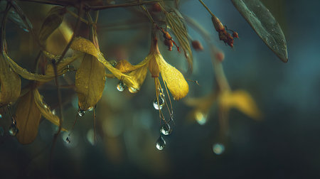 Soft rain falling gently on Yellow velvetleaf, with water droplets forming and slowly dripping. The...
