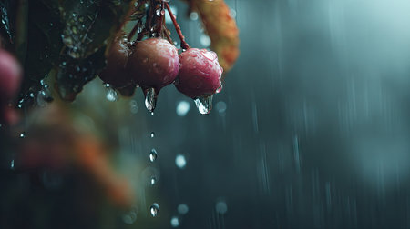 Soft rain falling gently on Water apple, with water droplets forming and slowly dripping. The background is softly blurred with a natural, moody atmosphere.の写真素材