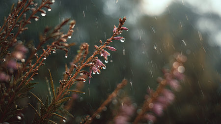 Soft rain falling gently on Veronica, with water droplets forming and slowly dripping. The...